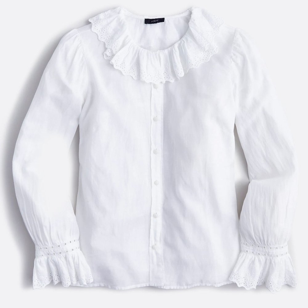 JCREW White Cotton Embroidered Ruffle Collar Top with Eyelet Size 6